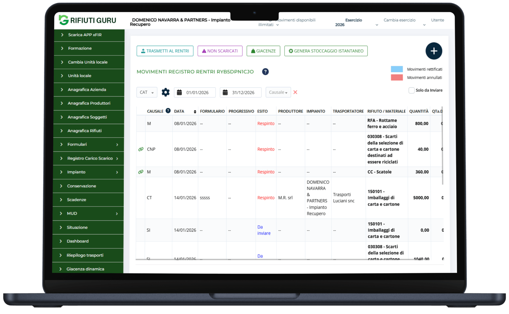 Software impianti rifiuti funzionalità movimenti impianto