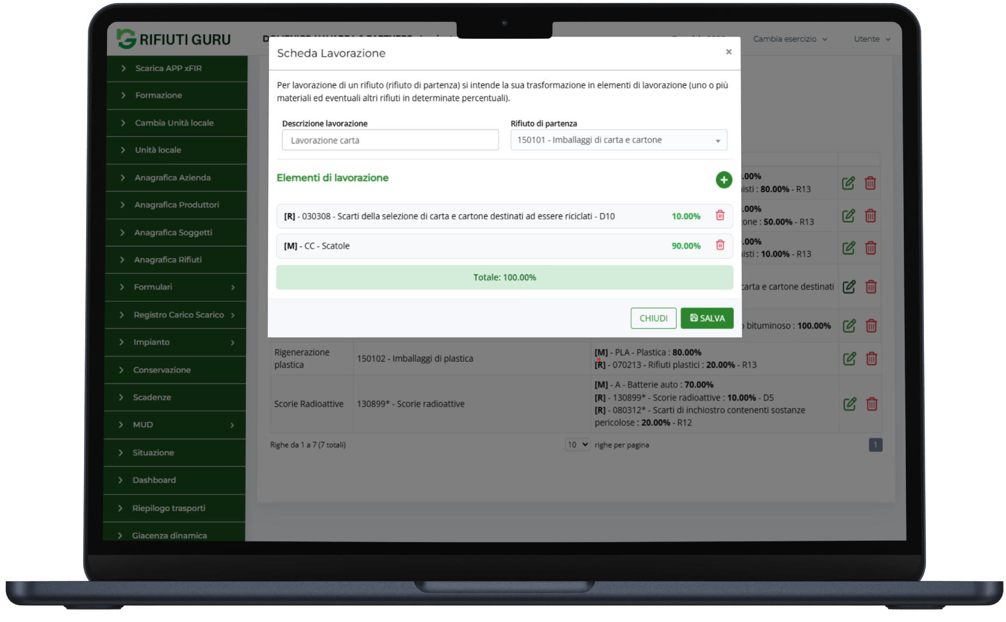 Software impianti rifiuti funzionalità scheda lavorazione